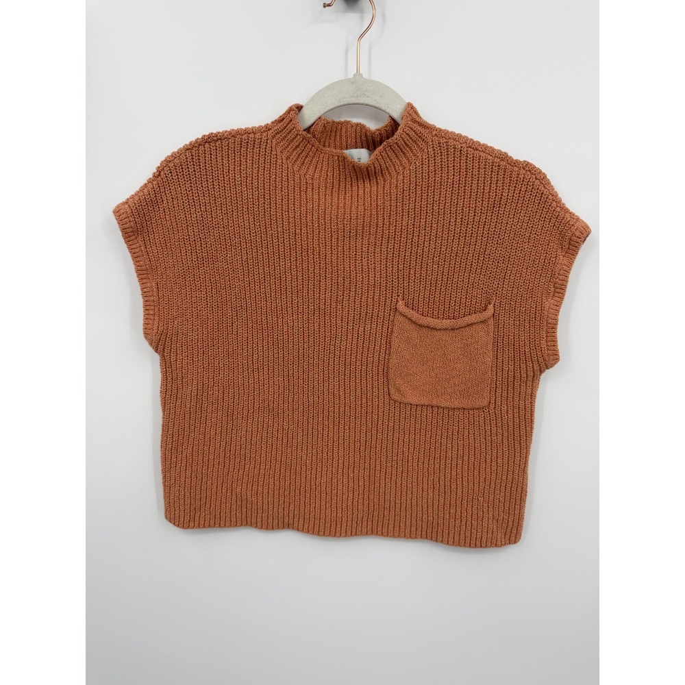 FP Beach Free People Freya Sweater sz XS Orange Mock Neck Cotton Ribbed Pocket